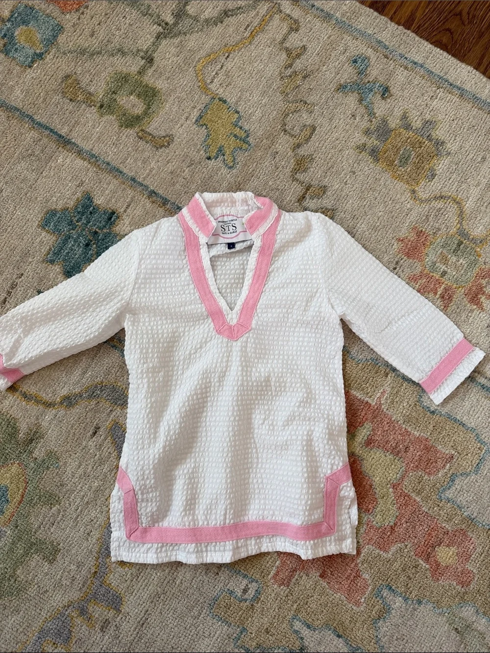 Sail to Sable White Kids Swim Coverup with Pink Trim